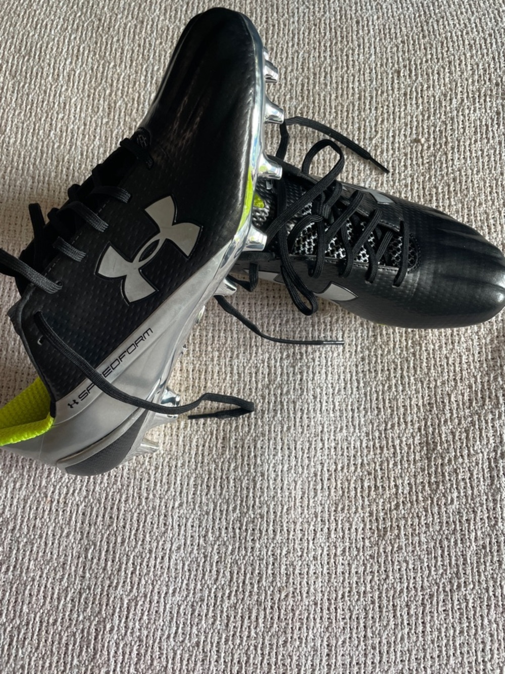 Under Armour Black & Silver Football Cleats with Neon Accent